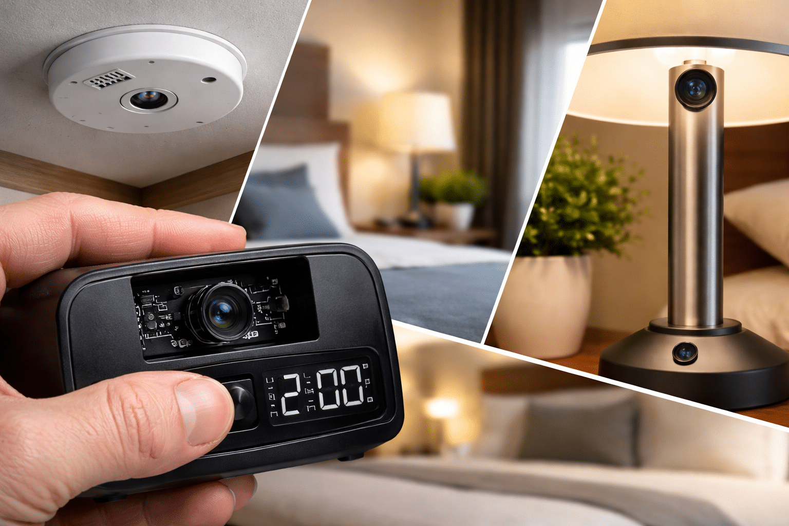 Collage of home security devices: ceiling smoke detector, a handheld camera module integrated into a clock, and a bedside surveillance camera on a stand.