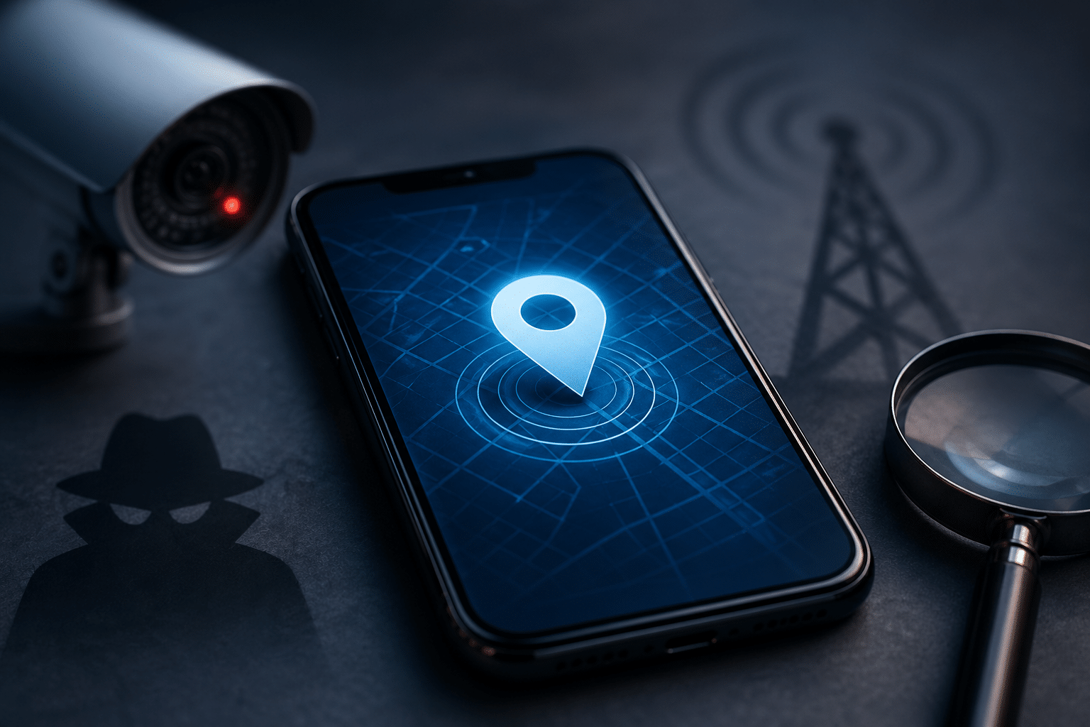 Phone screen shows a glowing location pin on a blue grid map, with a security camera nearby.