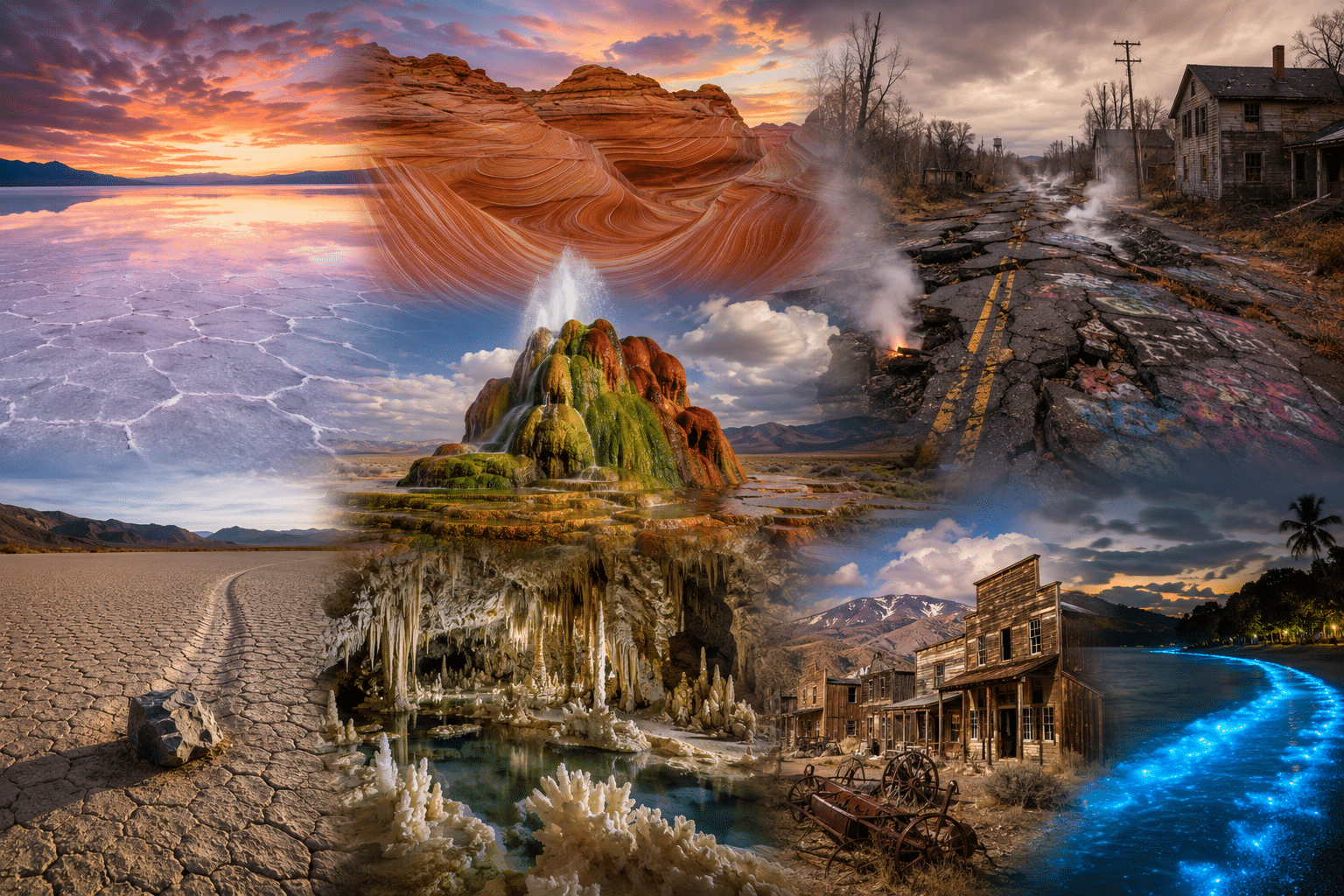 Composite of diverse landscapes: salt flats, colorful rock formations, an abandoned town, a cave, and a glowing blue river (montage)