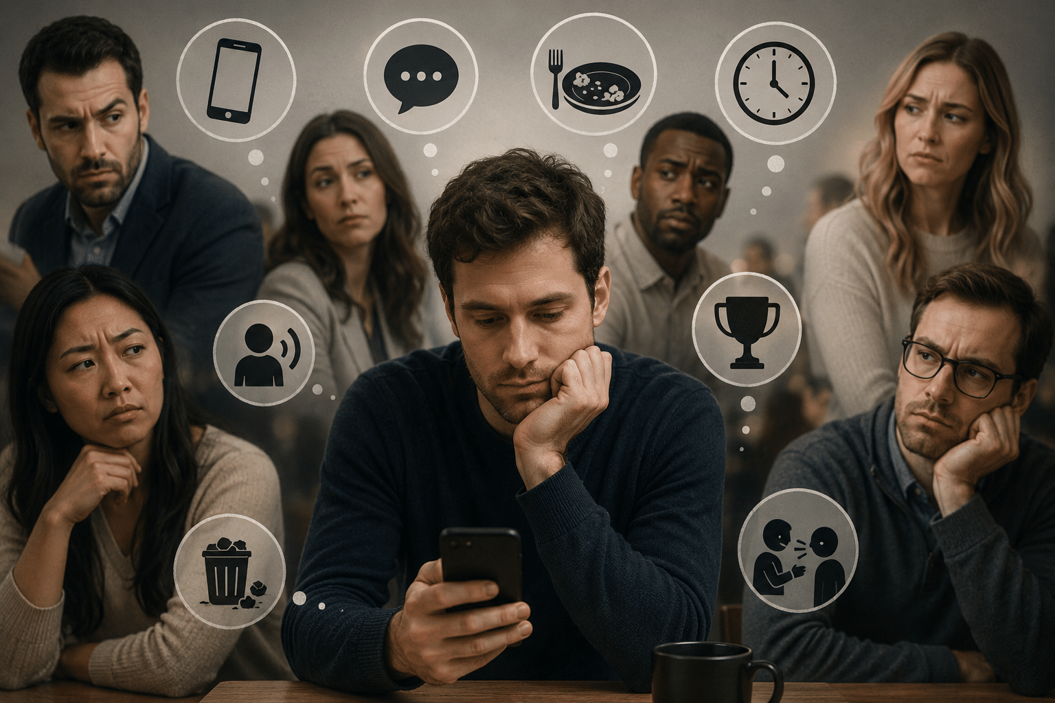 Group of diverse professionals seated at a table, each with a thought bubble showing icons like phone, chat, food, clock, trophy, trash, and a handshake-like exchange.