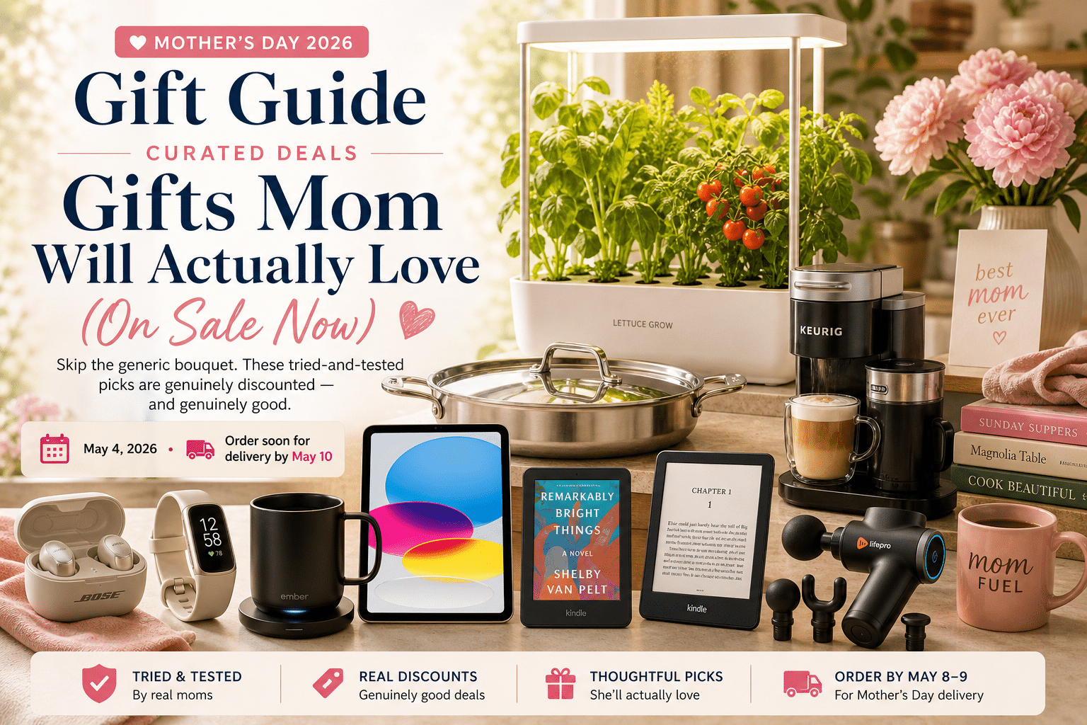 Mother's Day Gift Guide banner: 'Gifts Mom Will Actually Love' with plants, cookware, and gadgets on a countertop.