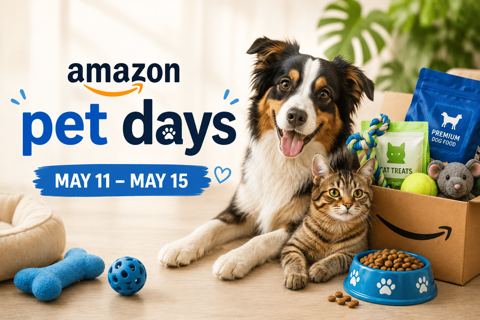 Dog and cat sit beside an Amazon Pet Days banner reading May 11–15 with pet products nearby.