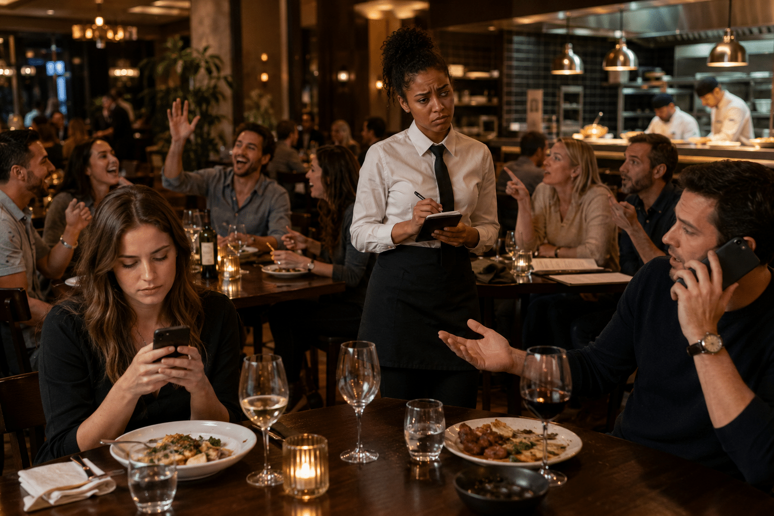 Restaurant dining hall with a waitress taking notes while customers chat and eat at a large table in a lively setting.