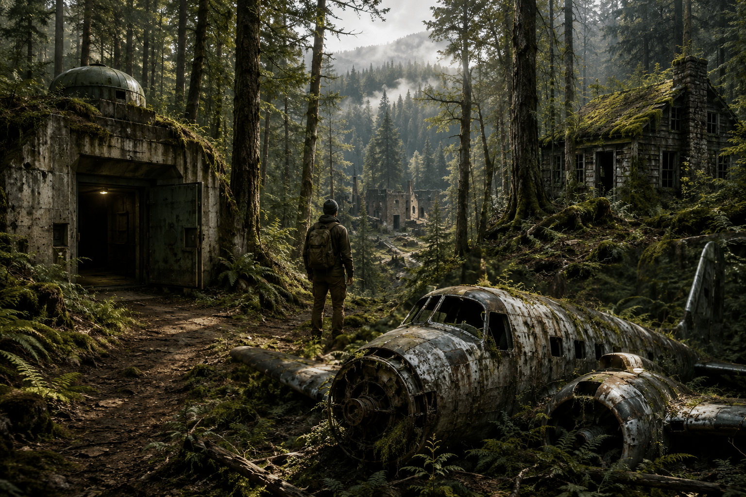 A hiker with a backpack stands among mossy forest ruins, facing decayed aircraft wreckage and abandoned buildings.