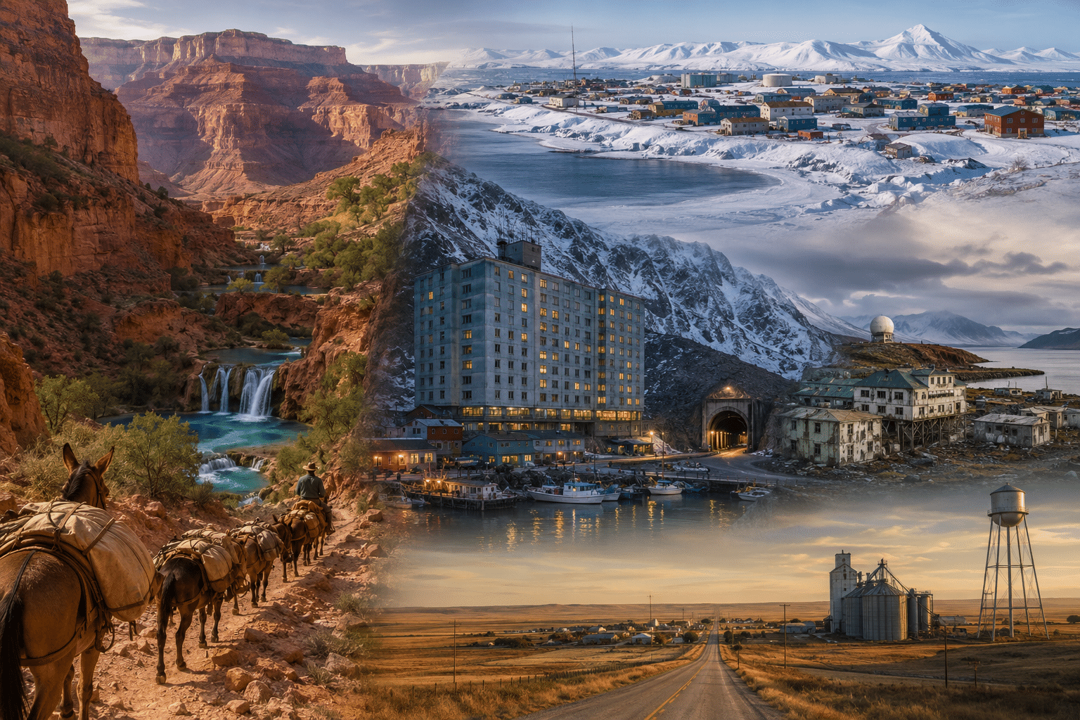 Collage of four landscapes: a canyon with horseback riders and waterfalls; a snowy mountain town with a tunnel; a coastal village with a radar dome; a flat prairie road with silos.