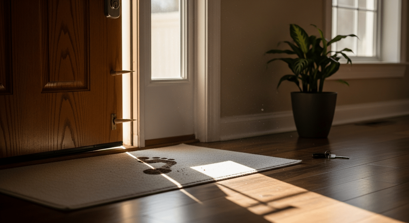 Sunlit entryway with a wooden door, a light doormat featuring a footprint print, a key on the hardwood floor, and a potted plant by the window.
