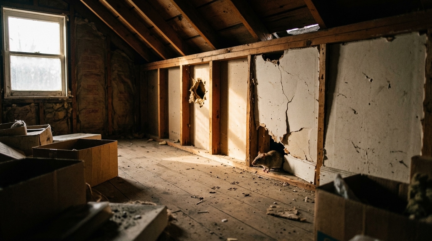 Dusty attic with exposed wooden beams, peeling walls, scattered boxes, and a mouse near a hole in the wall by a window.