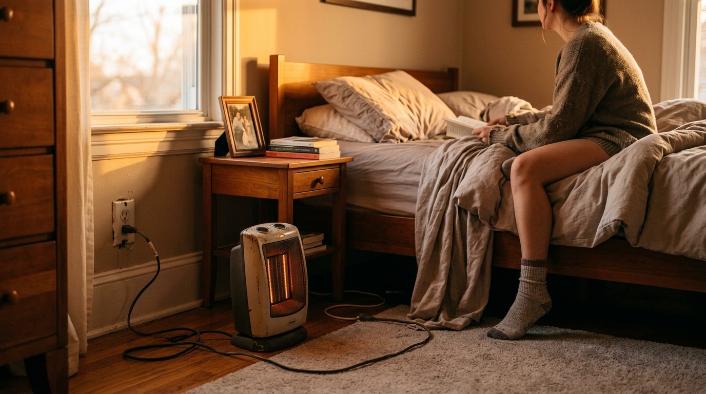 Person sits on a bed reading a book in a cozy bedroom with a space heater on the floor glowing softly nearby in the warm light of sunset/sillhouette.