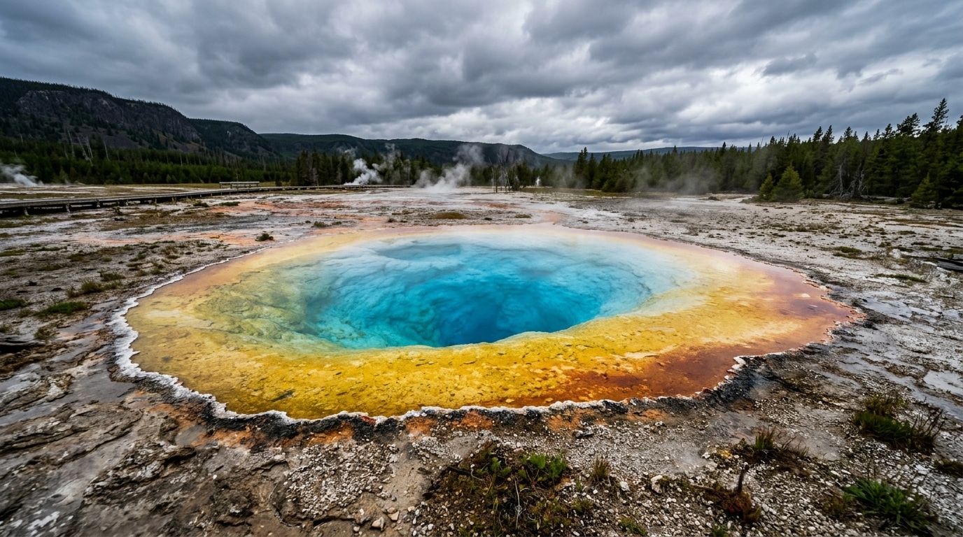 Vivid blue hot spring with a yellow-orange rim in a barren, smoky landscape—Yellowstone’s Grand Prismatic Spring colors.