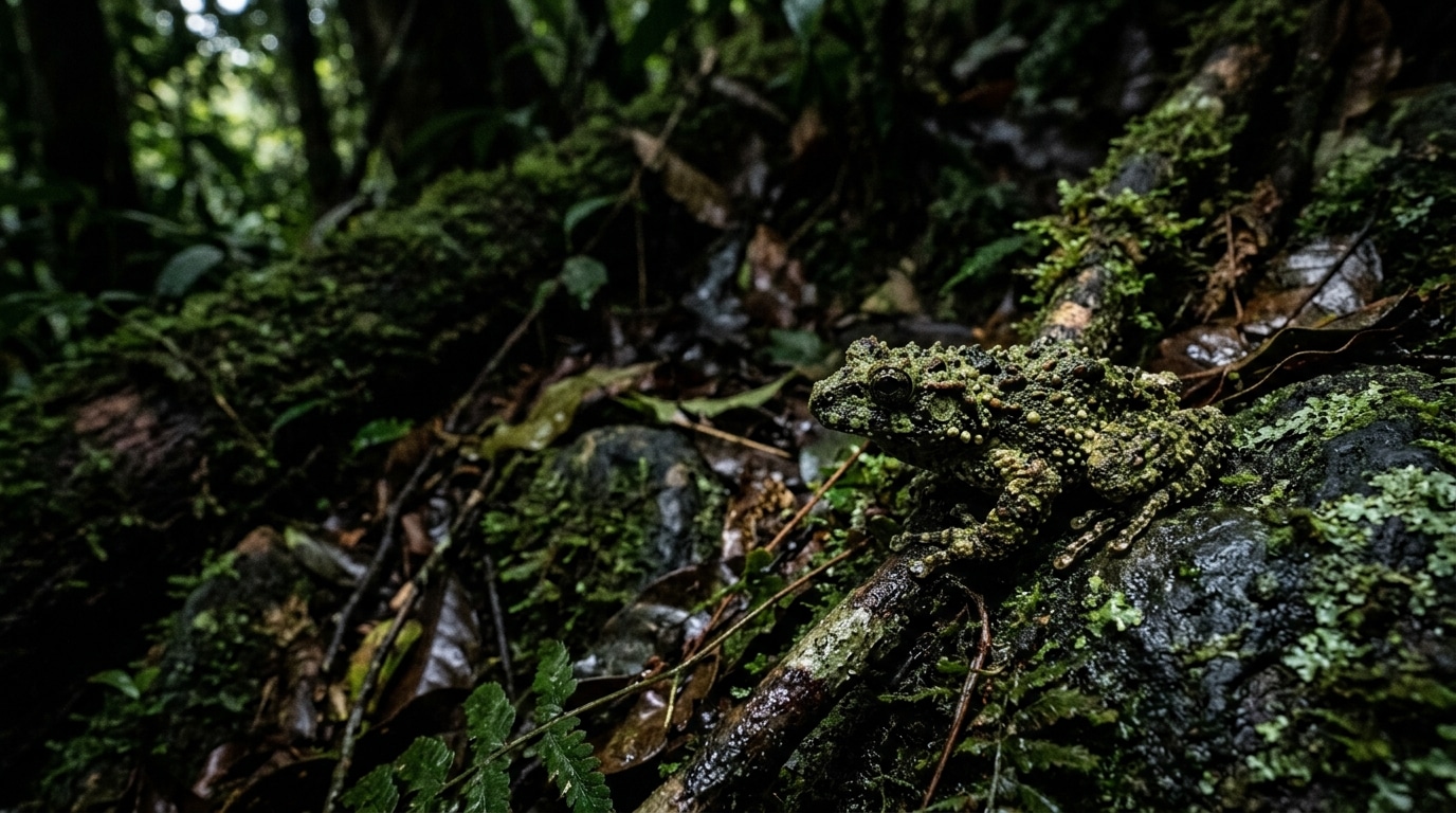 Moss-covered frog perched on a wet rock in a dense forest.