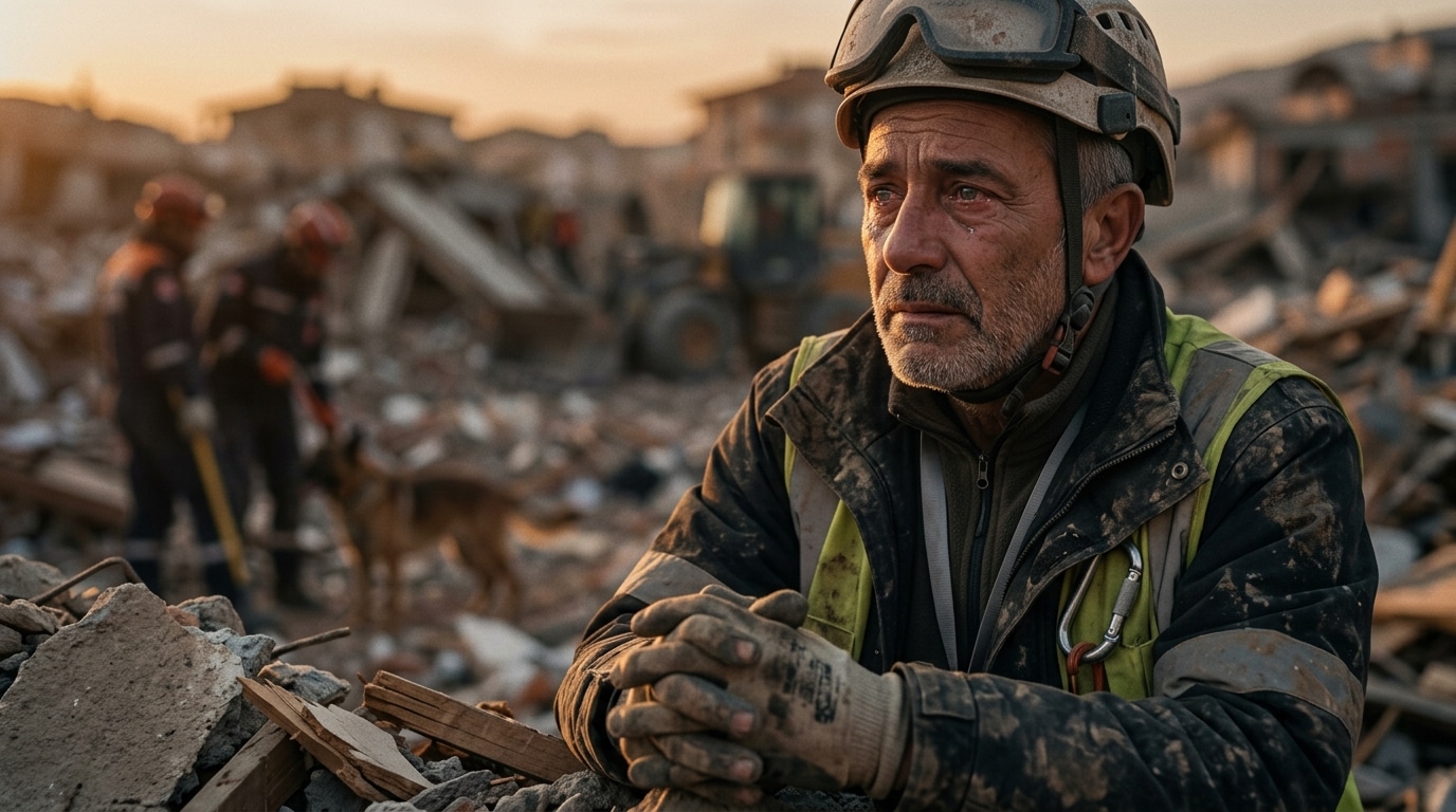 Rescue worker in helmet and reflective vest resting amid rubble at sunset, with colleagues and a dog in the background.